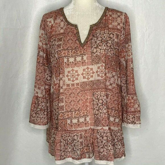 Hem Thread Floral Tunic Top L Mauve Bell Sleeve - Picture 1 of 5
